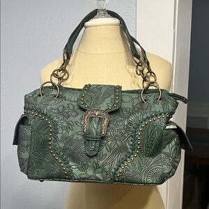 Elegant Green Floral Embossed Shoulder Bag